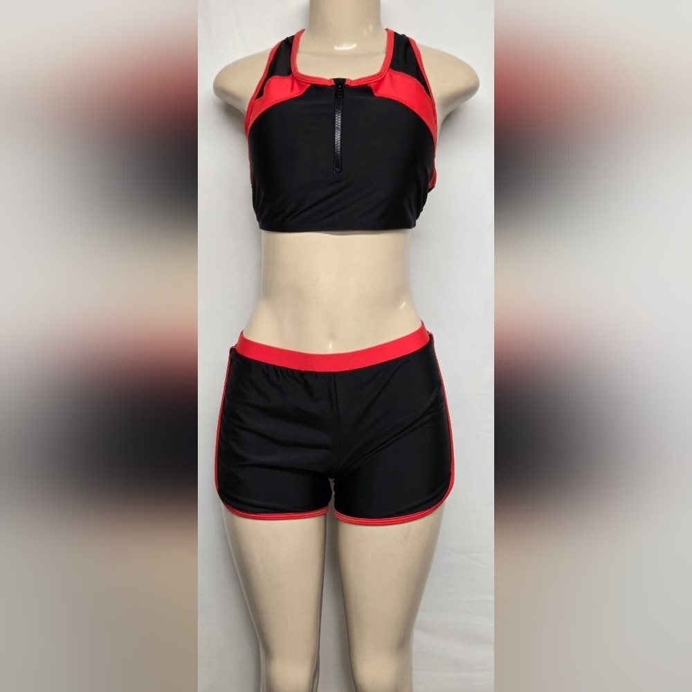 XXL Black And Red Cropped Tankini Shorts Racerback Padded Bra Athletic Style
